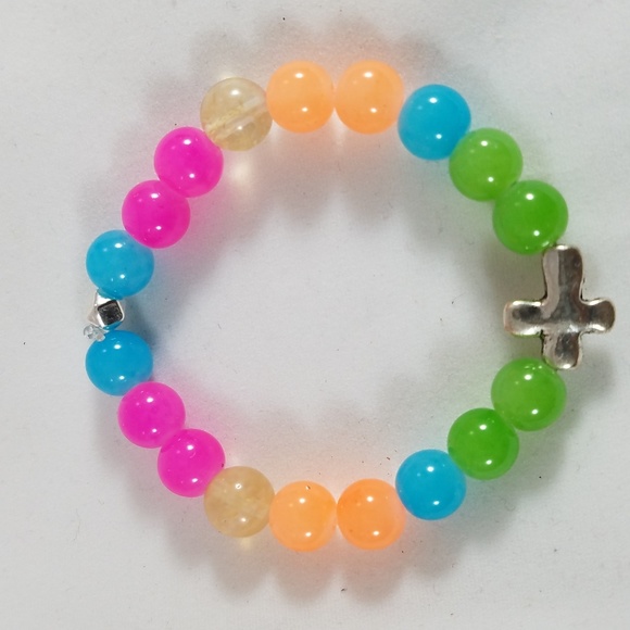 Hand Crafted Cross and Pastel Stretch Bracelet -Blue, Yellow, Pink, Tang…